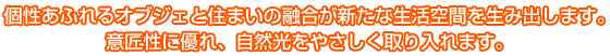 個性あふれるオブジェと住まいの融合が新たな生活空間を生み出します。 意匠性に優れ、自然光をやさしく取り入れます。